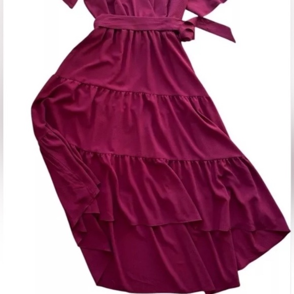 Quiz Crepe Maroon Tiered Wrap Dip Hem Dress Ruffle Cap Sleeve US 12 Whimsigoth - Picture 8 of 13